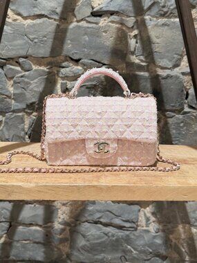 Chanel 24P Pink Tweed Top Handle Mini Rectangular Flap Bag